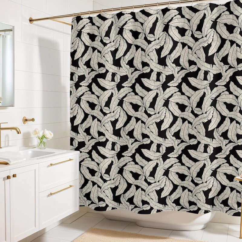 Worthwhile Goods Black and Cream Banana Leaf Shower Curtain – 72x72 Tropical Botanical Fabric Bathroom Curtain, Minimalist Monochrome Design, Modern Printed Decor for Apartments, Guest Baths, or Dorms - Image 1